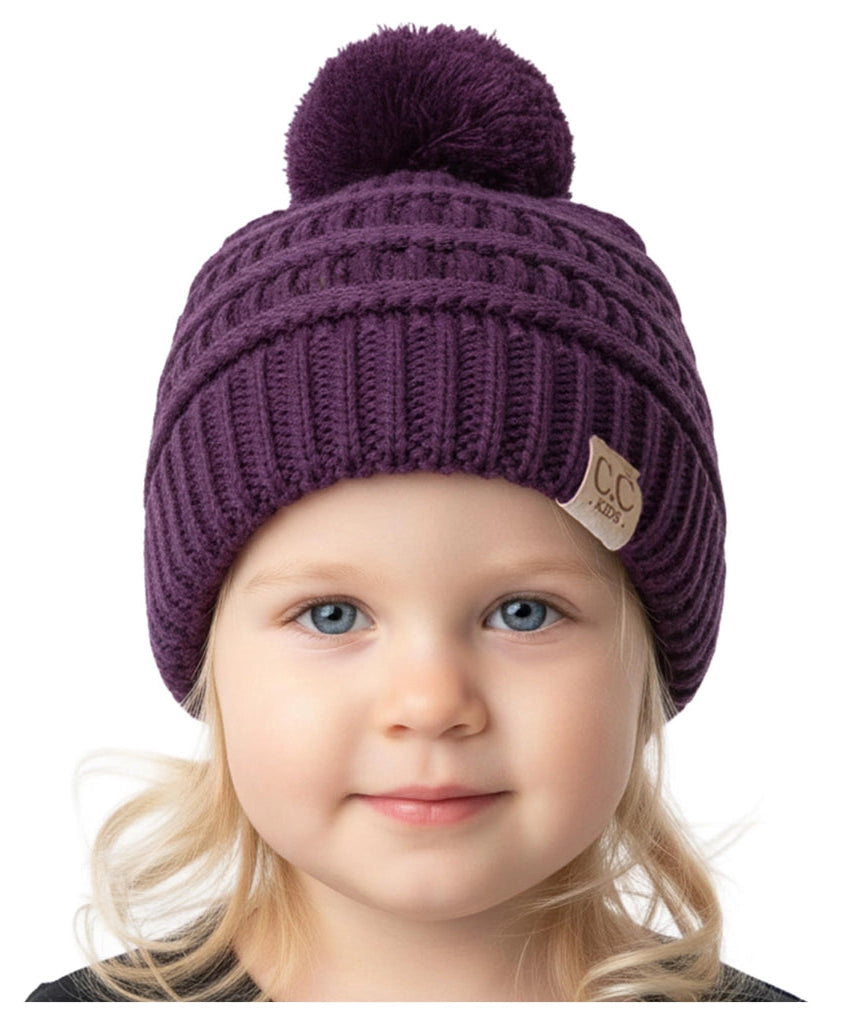 Toddler/Kids Cable Knit Pom Beanie - Purple