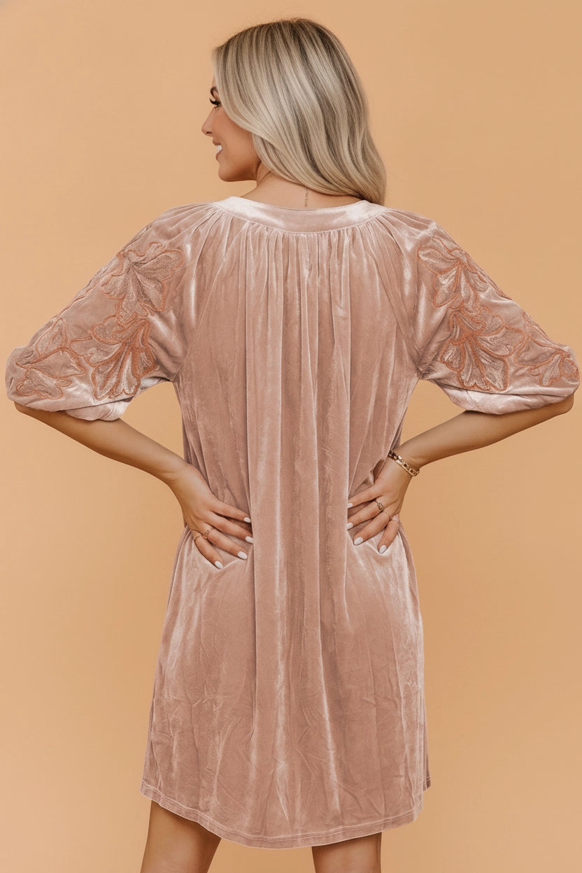 Champagne Floral Velvet Puff Sleeve Dress