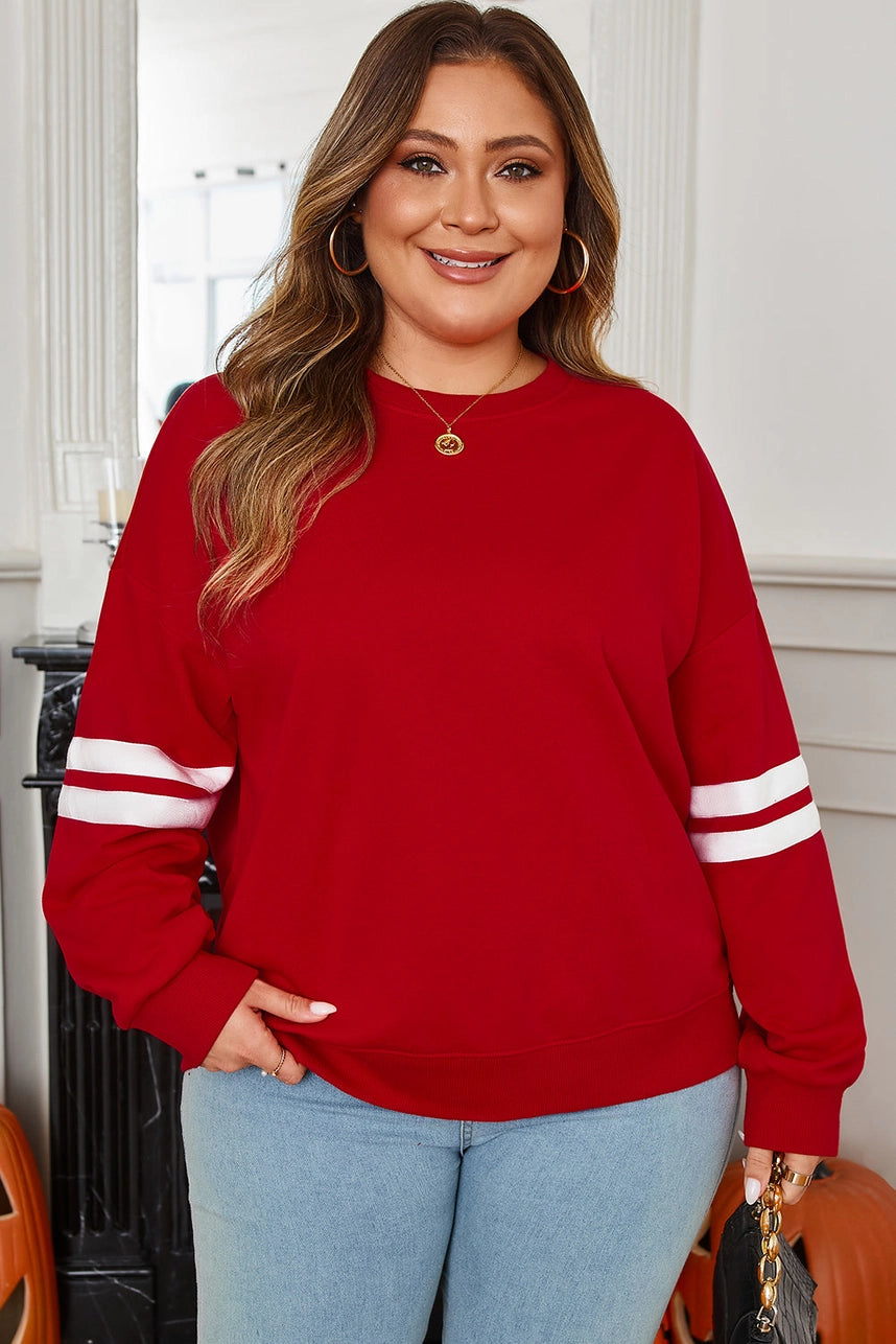 Red Varsity Stripe Crew Neck Sweatshirt - Curvy