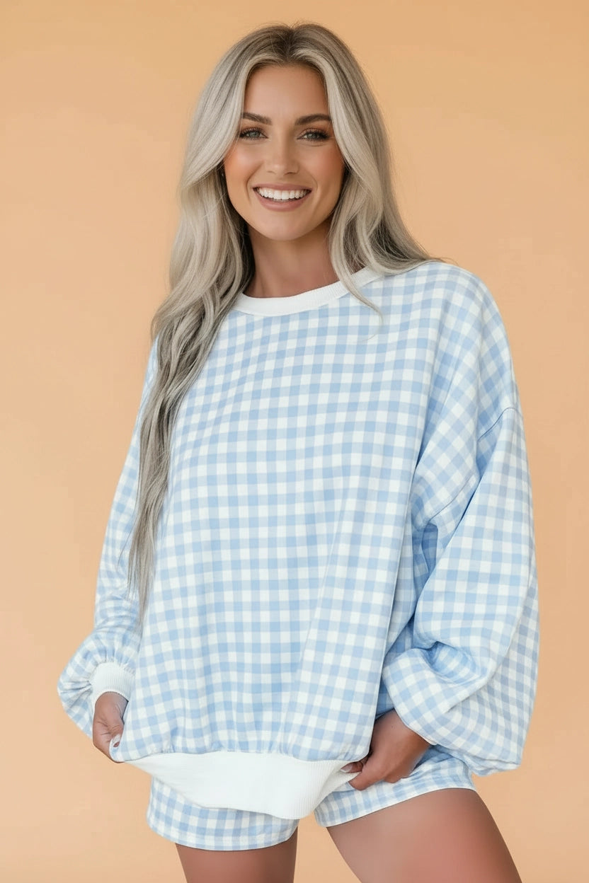 Light Blue Gingham Pullover & Shorts Set