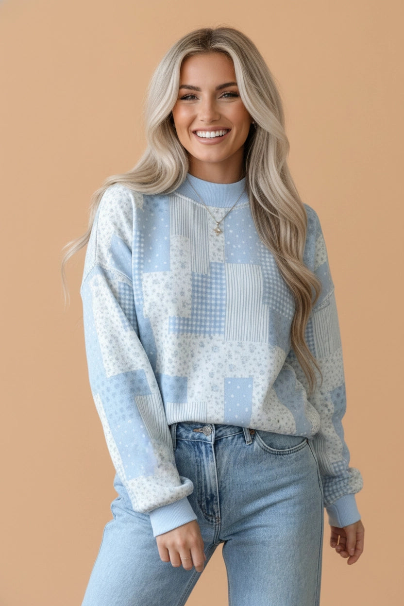 Blue Floral Patchwork Mock Neck Sweatshirt