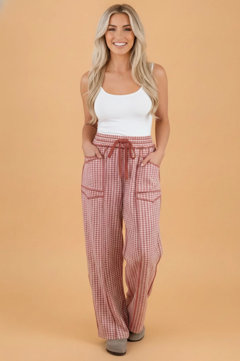 Red Gingham Exposed Seam Elastic Waist Pants