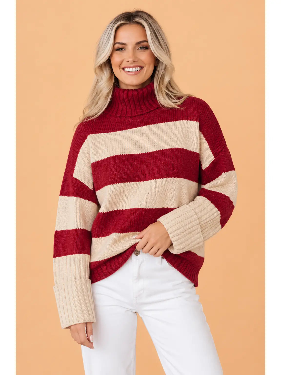 Red Stripe Ribbed Trim Turtleneck Sweater