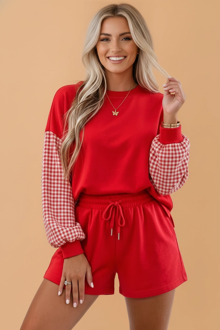 Red Gingham Long Sleeve Top & Shorts Set