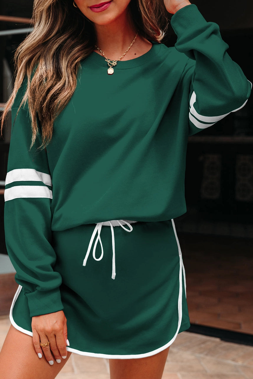 Varsity Stripe Pullover & Skirt Set - Green