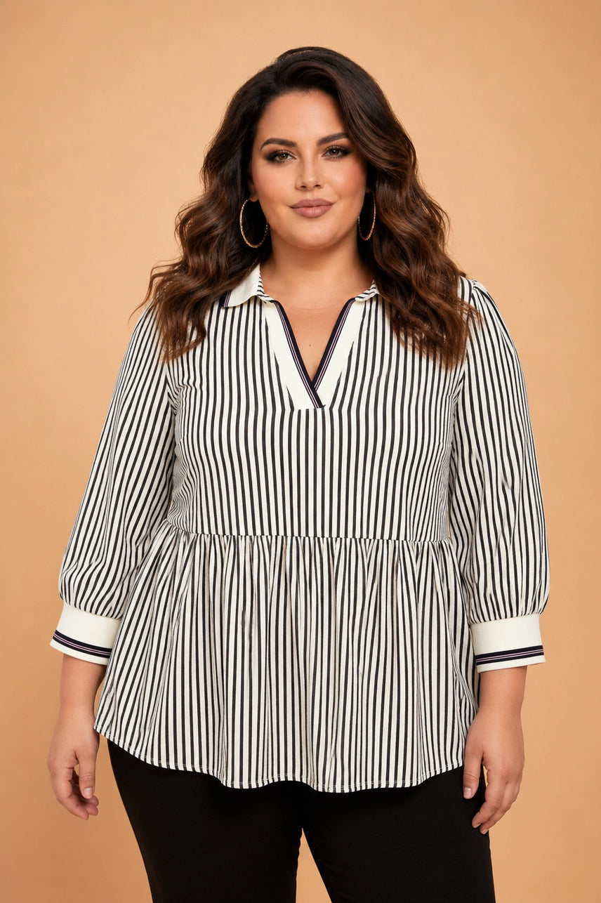 Black Stripe Peplum Blouse - Curvy