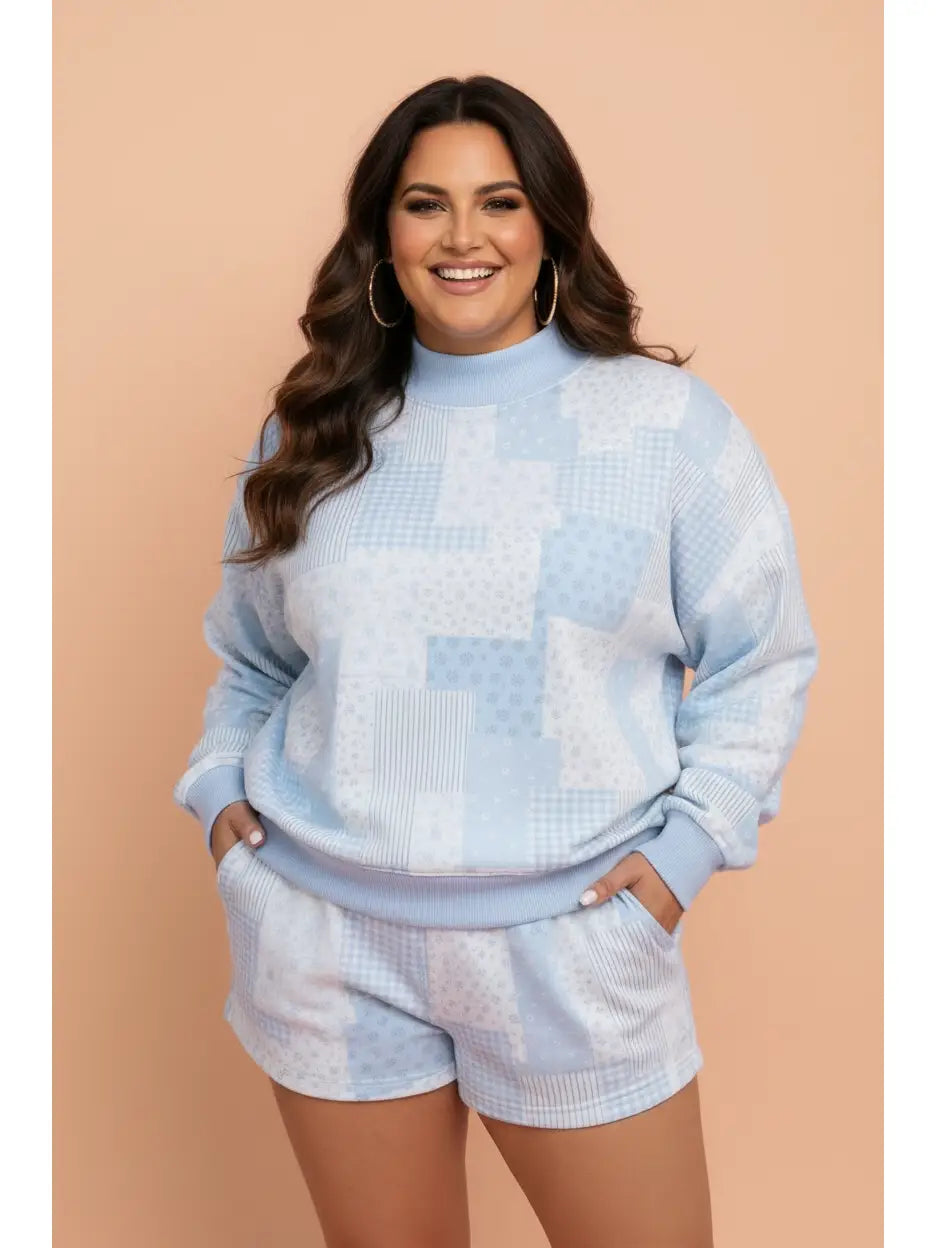 Blue Floral Patchwork Pullover & Shorts Set - Curvy