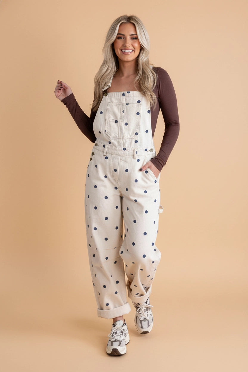 Polka Dot Denim Barrel Leg Overalls