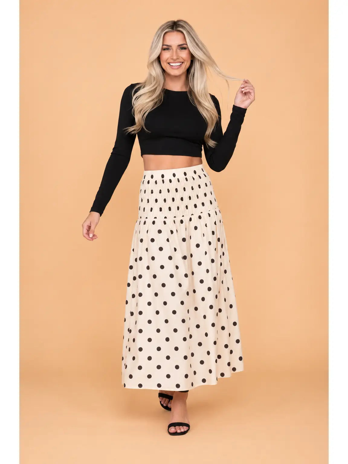 Polka Dot Smocked High Waist Midi Skirt