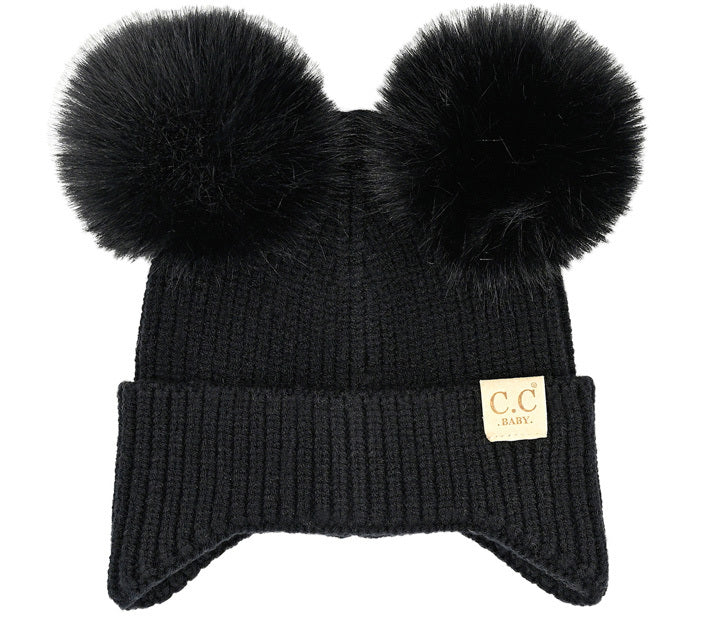 Infant Double Pom Faux Fur Earflap Beanie - Black