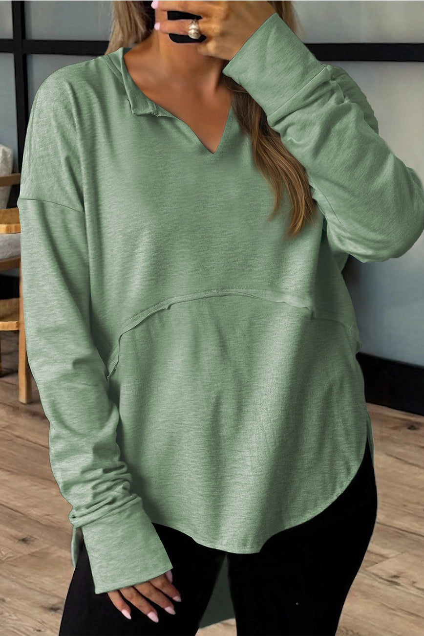 Green V-Neck Raw Hem Long Sleeve Top