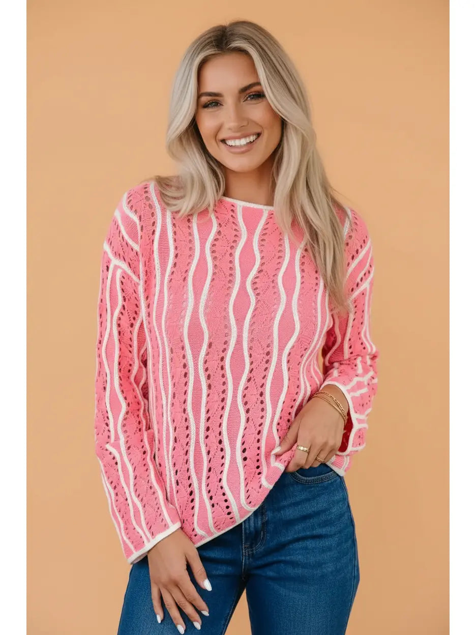 Colorblock Wavy Pointelle Knit Sweater