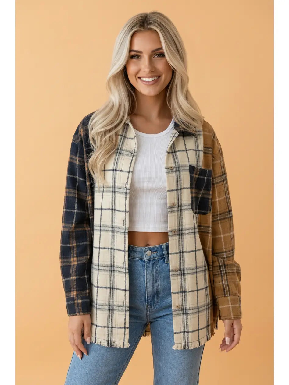 Plaid Colorblock Long Sleeve Buttoned Shacket