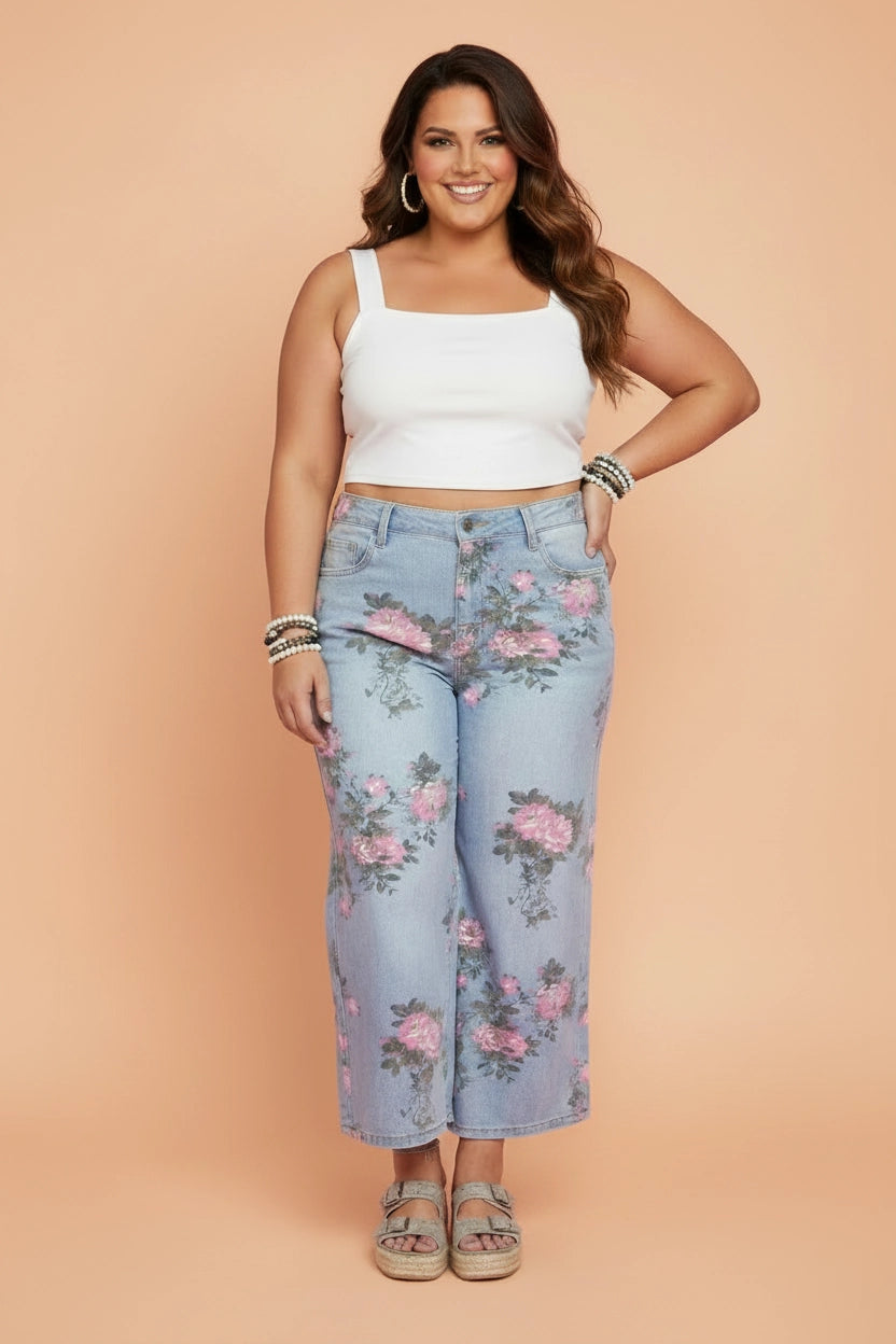 Pink Floral Ankle Jeans - Curvy