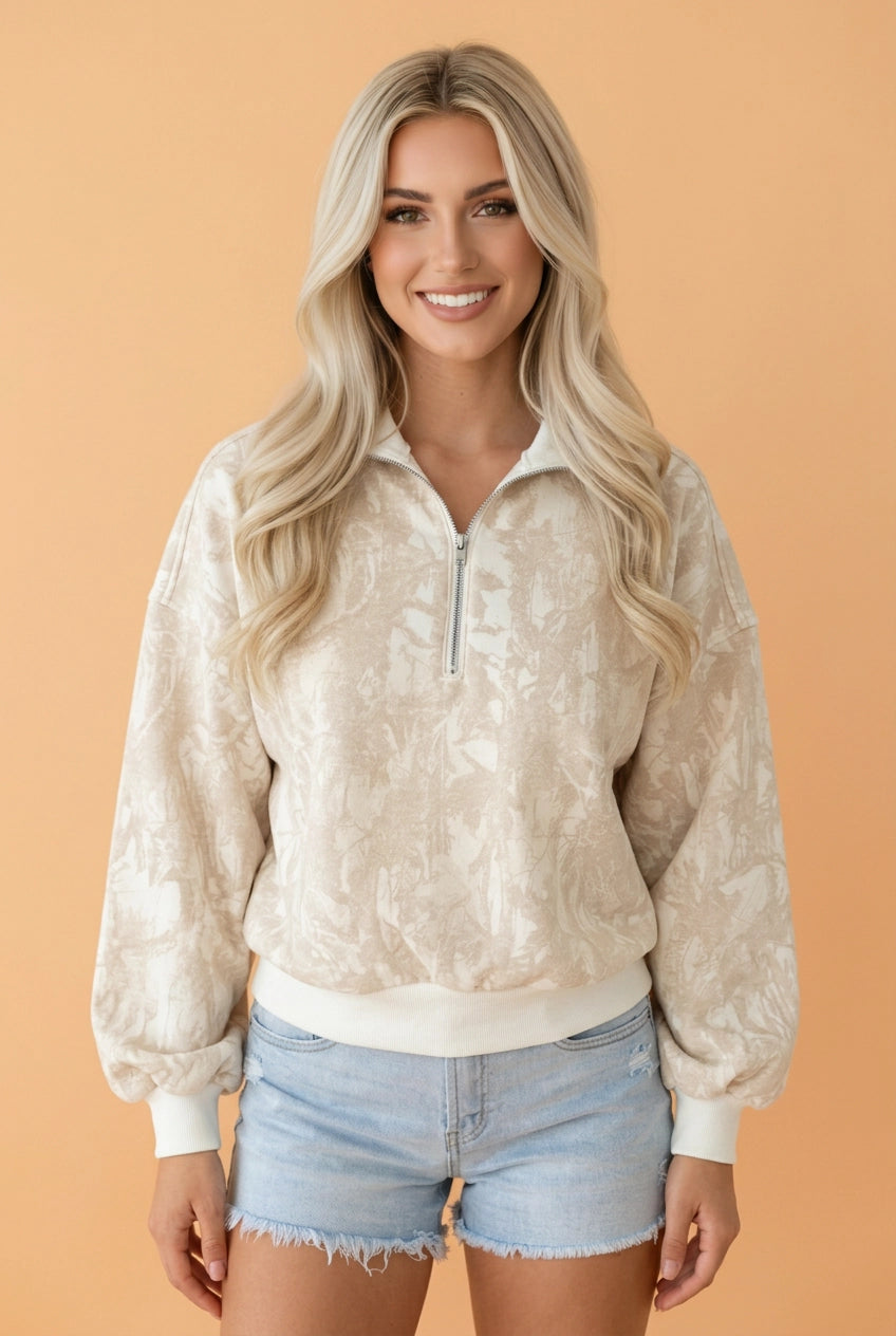 Camo Quarter-Zip Drop Shoulder Sweatshirt