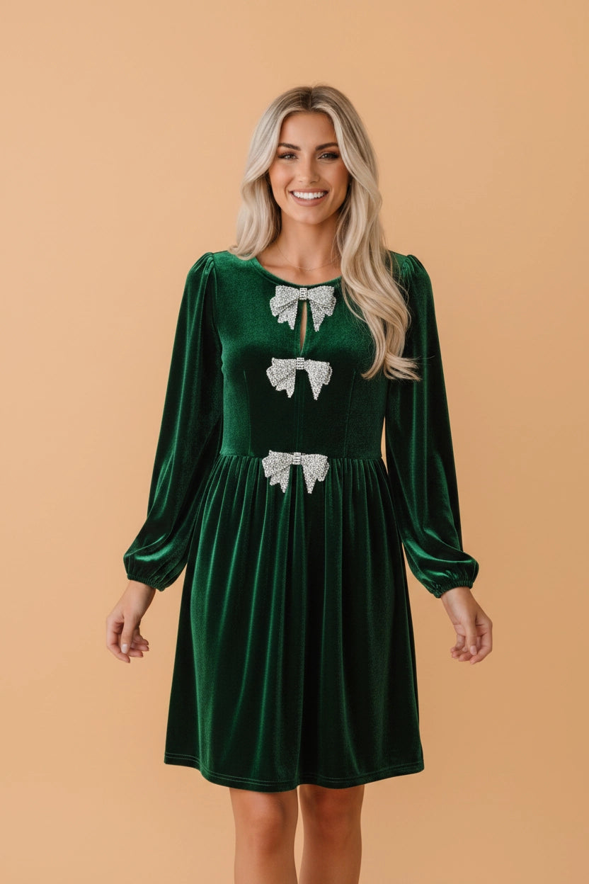 Rhinestone Bow Velvet Dress