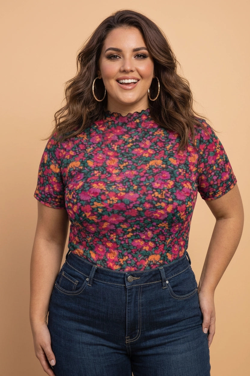 Hot Pink Floral Mesh Top - Curvy