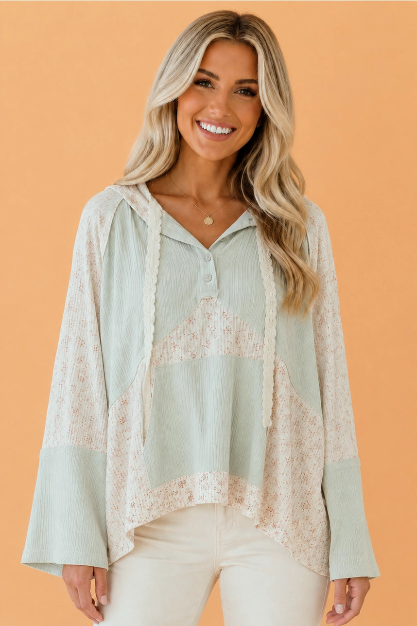 Floral Patchwork Hooded Long Sleeve Top