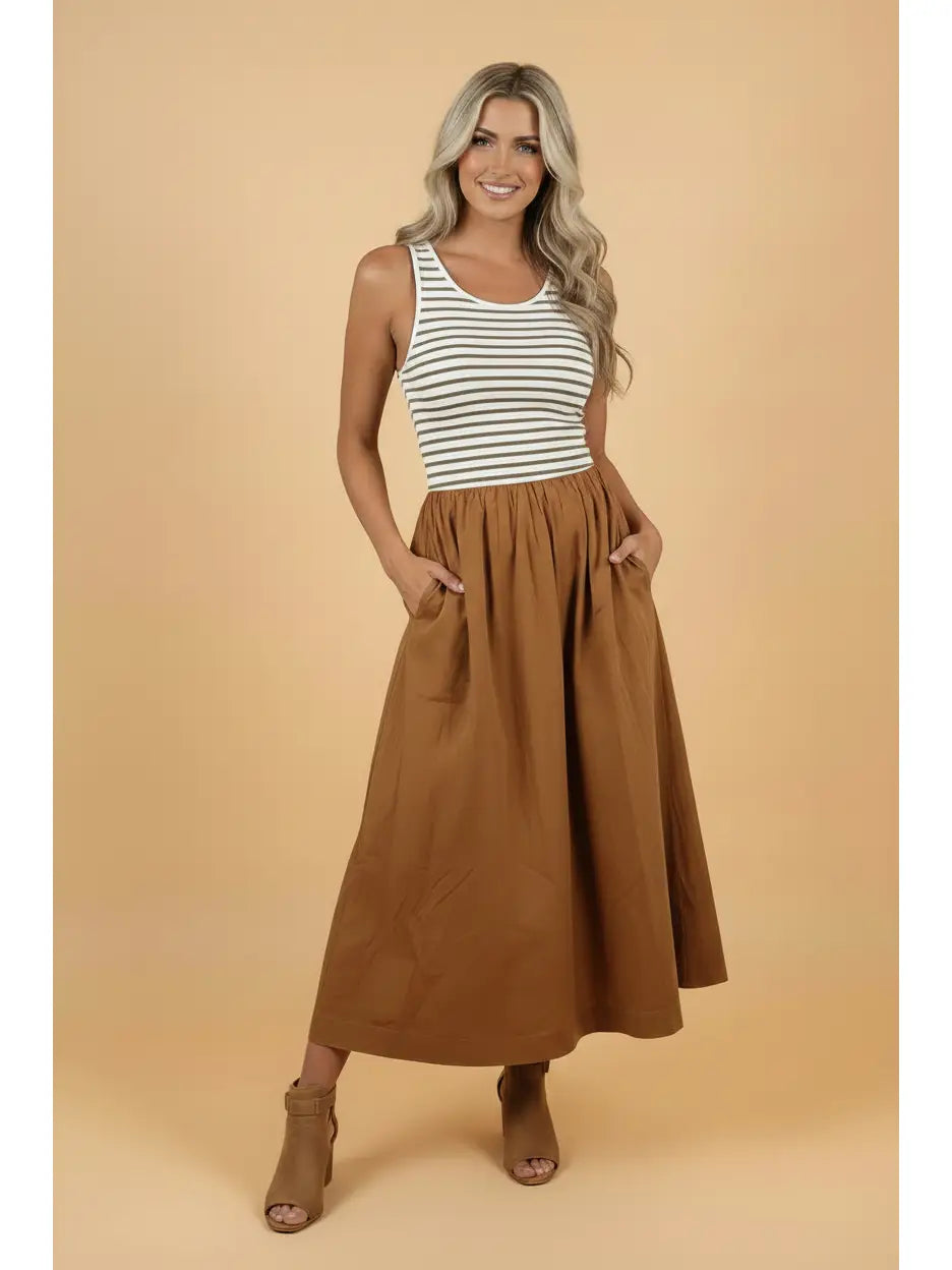 Brown Stripe Sleeveless Dress