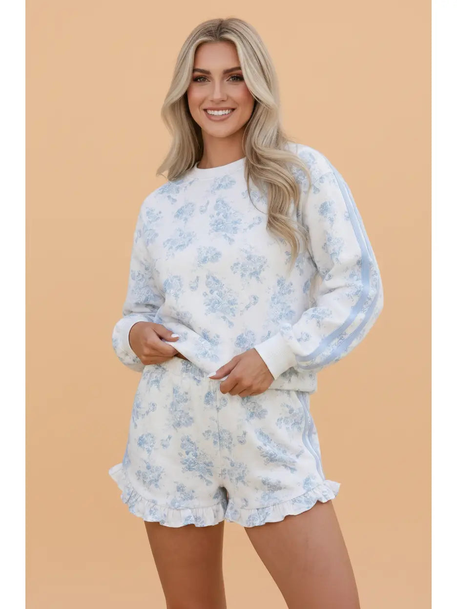 Blue Floral Stripe Ruffle Hem Set