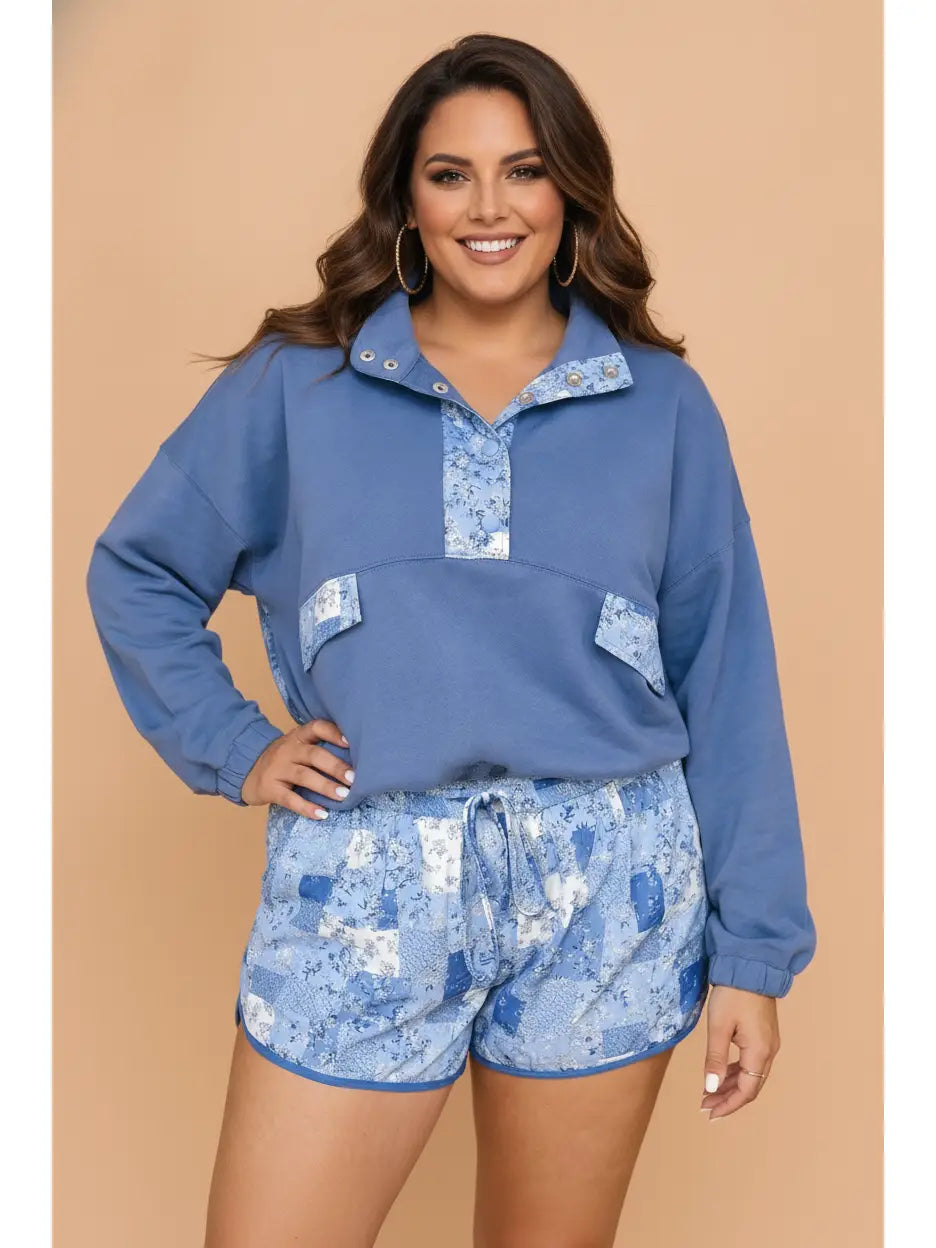 Blue Floral Patchwork 1/2 Snap & Shorts Set - Curvy