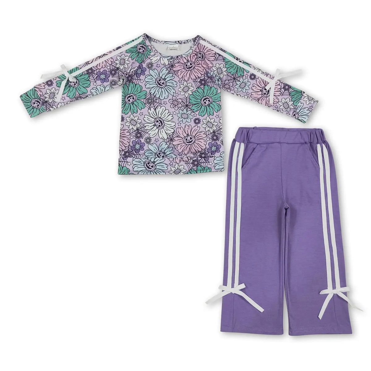 Purple Daisy Pumpkin Top & Pinstripe Pants