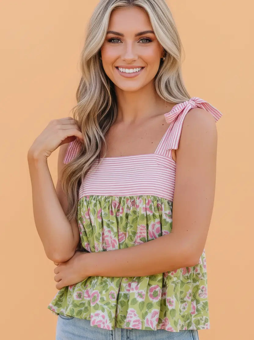 Green Floral Pink Stripe Babydoll Tank Top