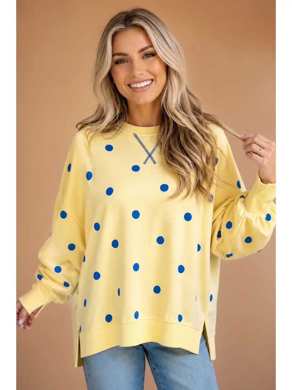 Yellow & Blue Polka Dot Split Hem Top