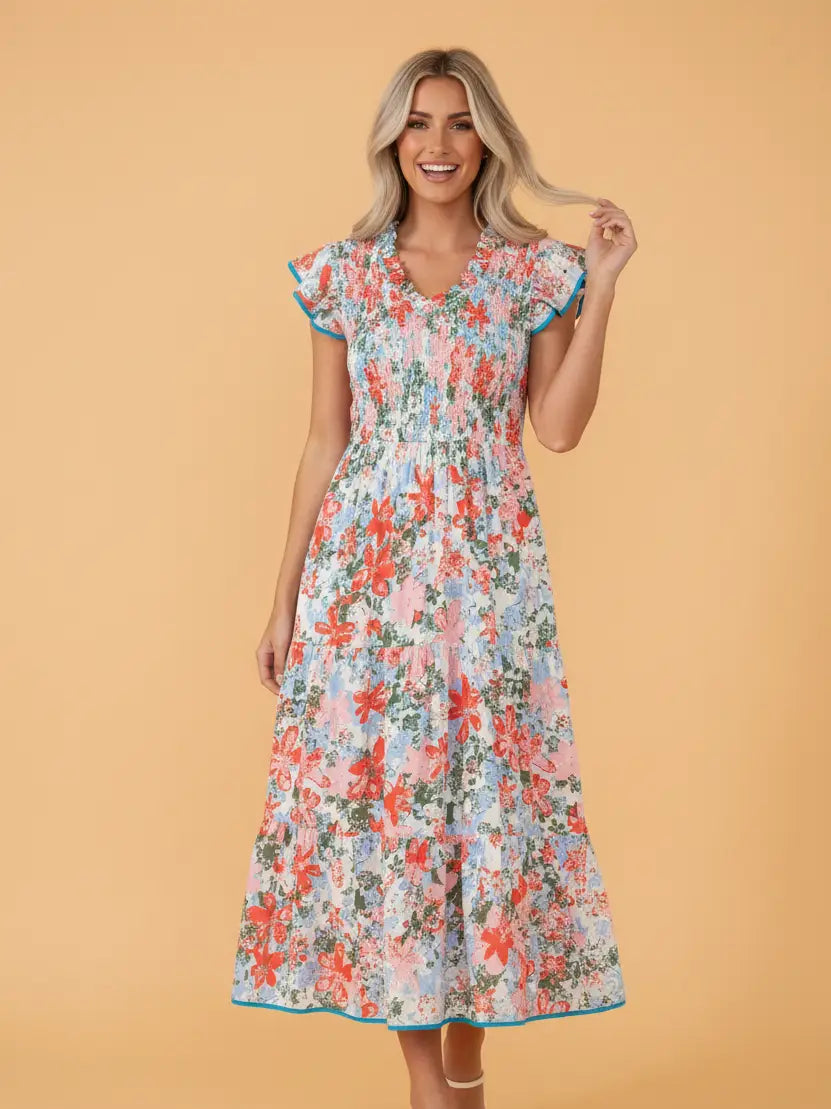 Floral Flutter Sleeve Smocked Maxi Dress