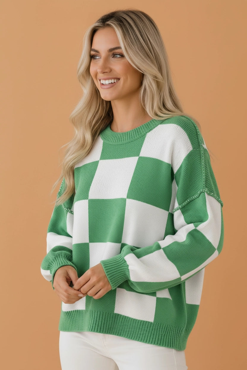 Green Checker Exposed Seam Drop Shoulder Sweater