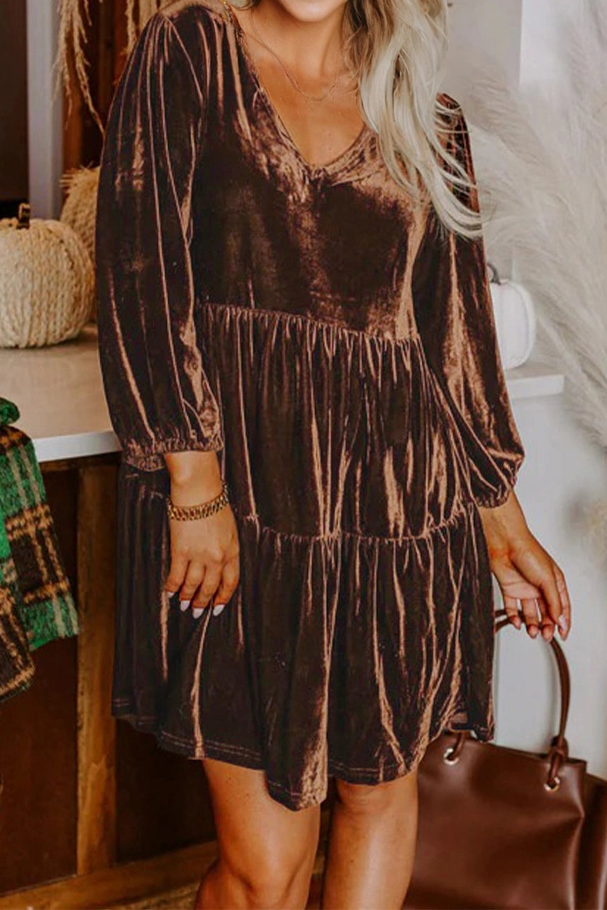 Brown Velvet V-Neck Tiered Dress