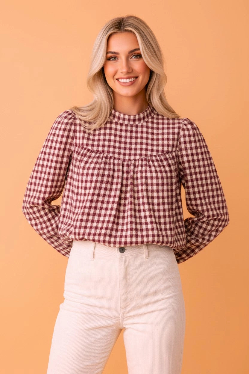 Plaid Button Keyhole Pleated Blouse