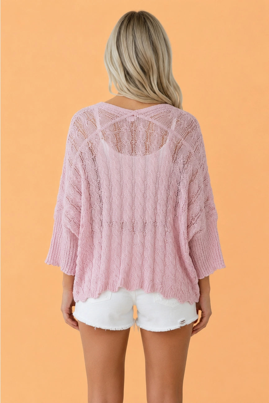 Pink Hollowed Knit Drop Shoulder Open Cardigan