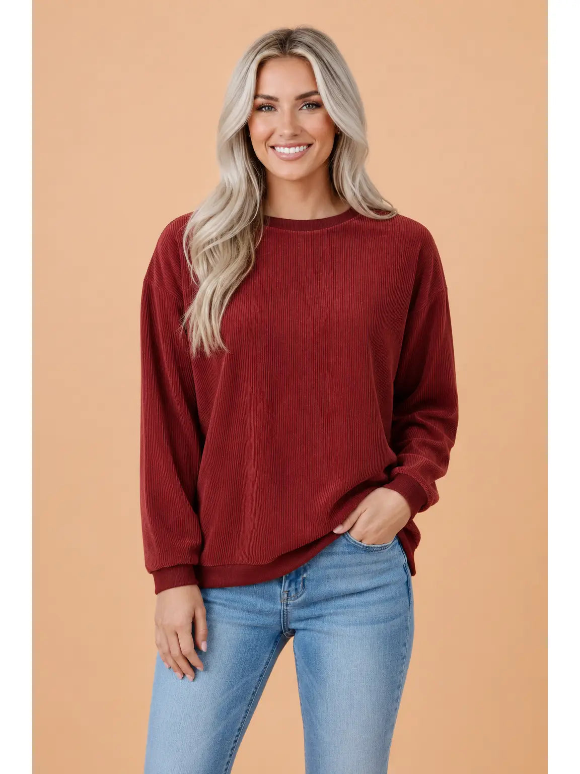 Red Ribbed Corduroy Sweatshirt
