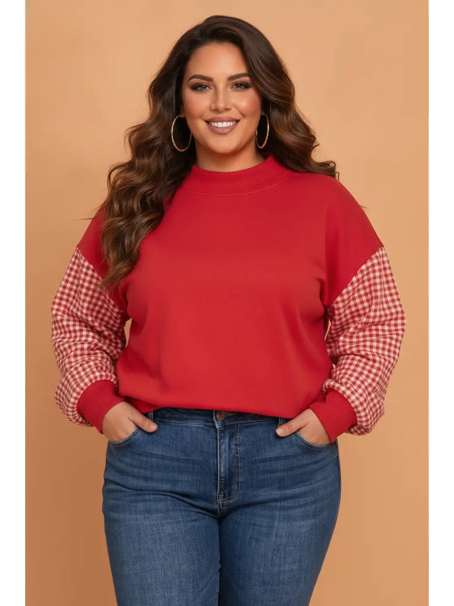 Red Gingham Sleeve Sweatshirt - Curvy