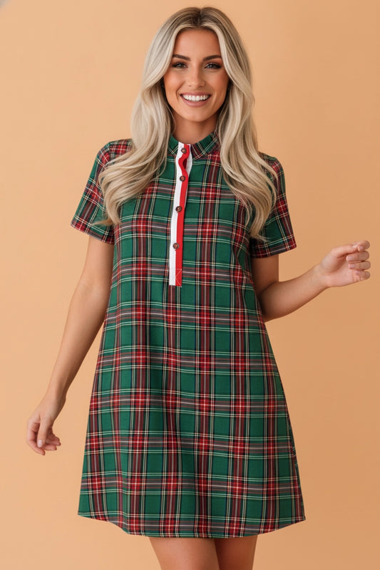 Green & Red Plaid Buttoned Dress