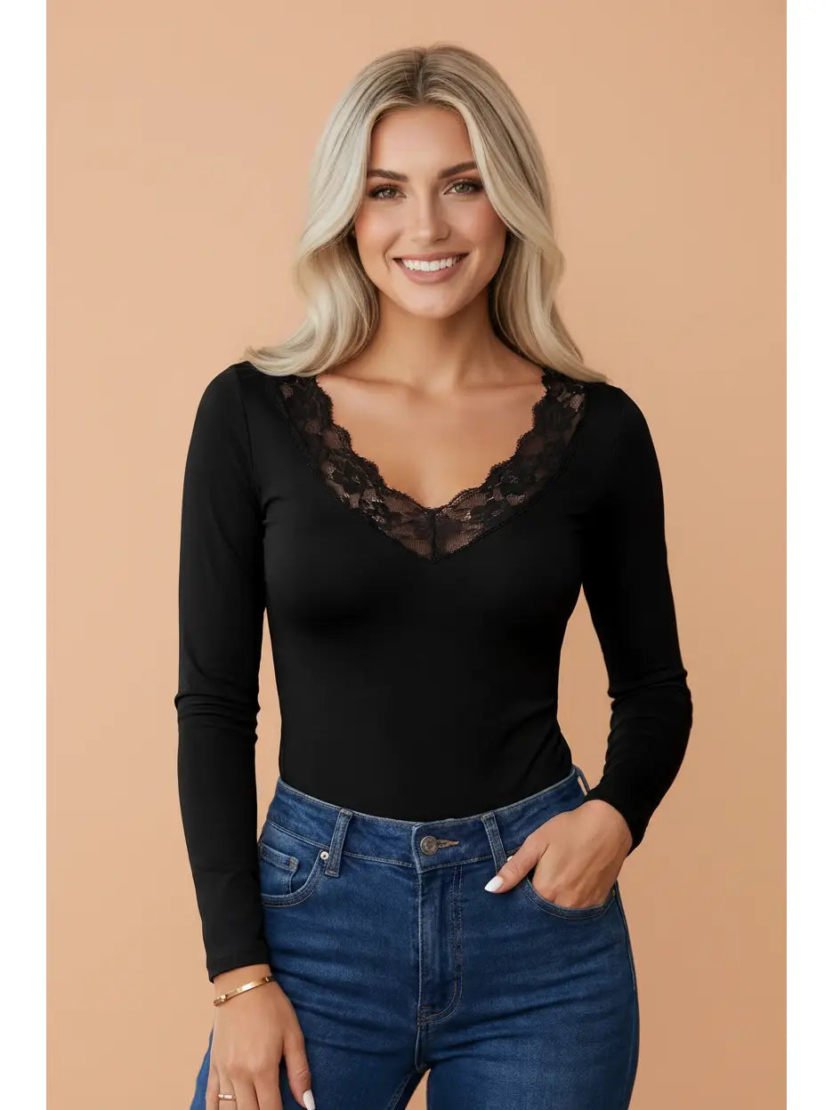 Black Lace V-Neck Long Sleeve Top