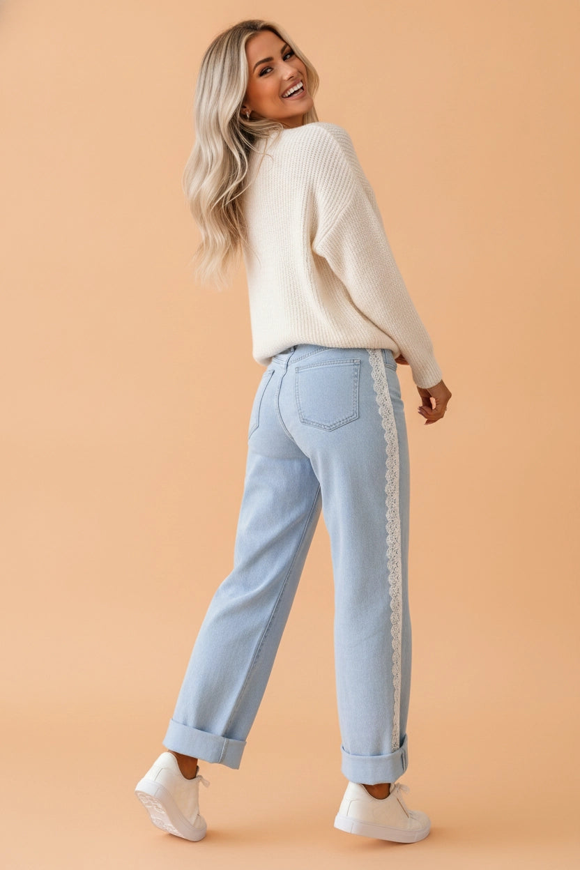 Lace Trim Side Stripe Straight Leg Jeans