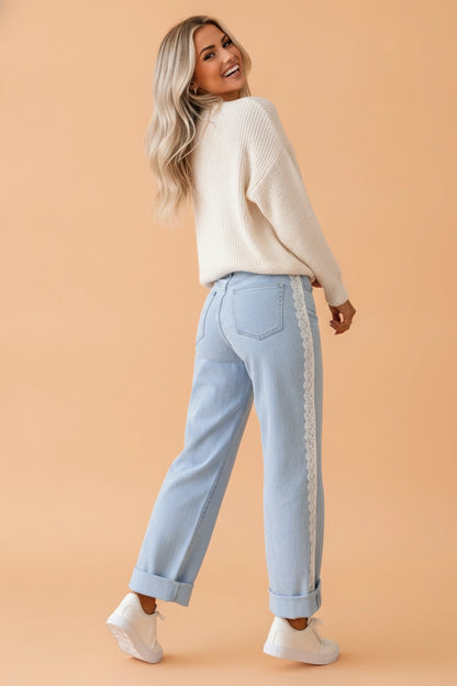 Lace Trim Side Stripe Straight Leg Jeans