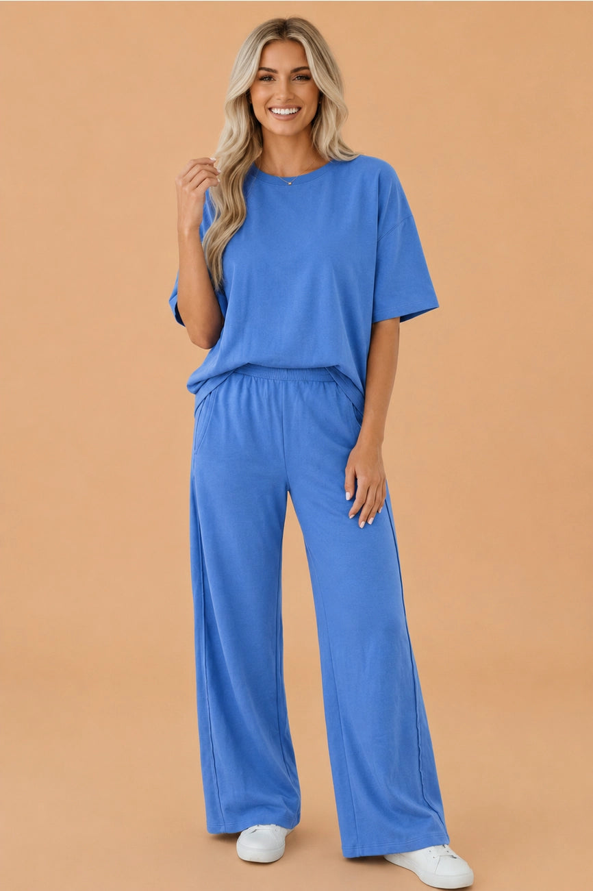 Bright Blue Oversize Tee & Wide Leg Pants Set
