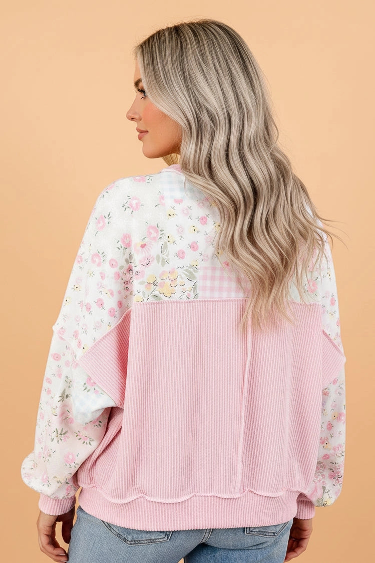 Floral Corded Knit Patchwork Long Sleeve Top