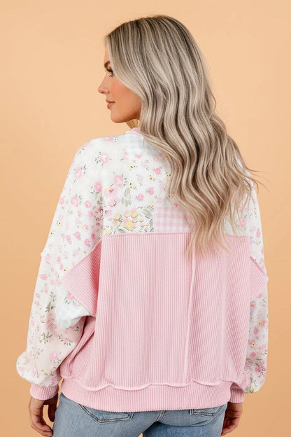 Floral Corded Knit Patchwork Long Sleeve Top