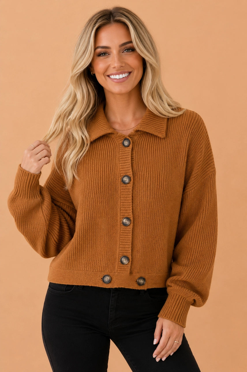 Camel Ribbed Knit Collared Button Front Cardigan