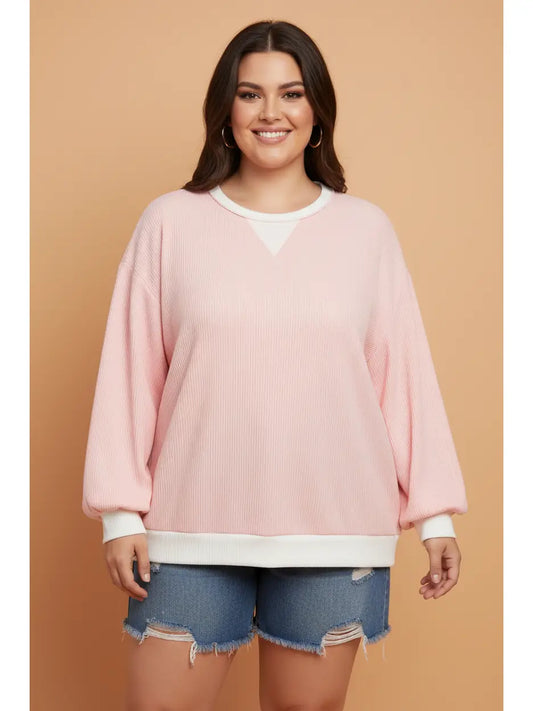 Pink Ribbed Knit Long Sleeve Blouse - Curvy