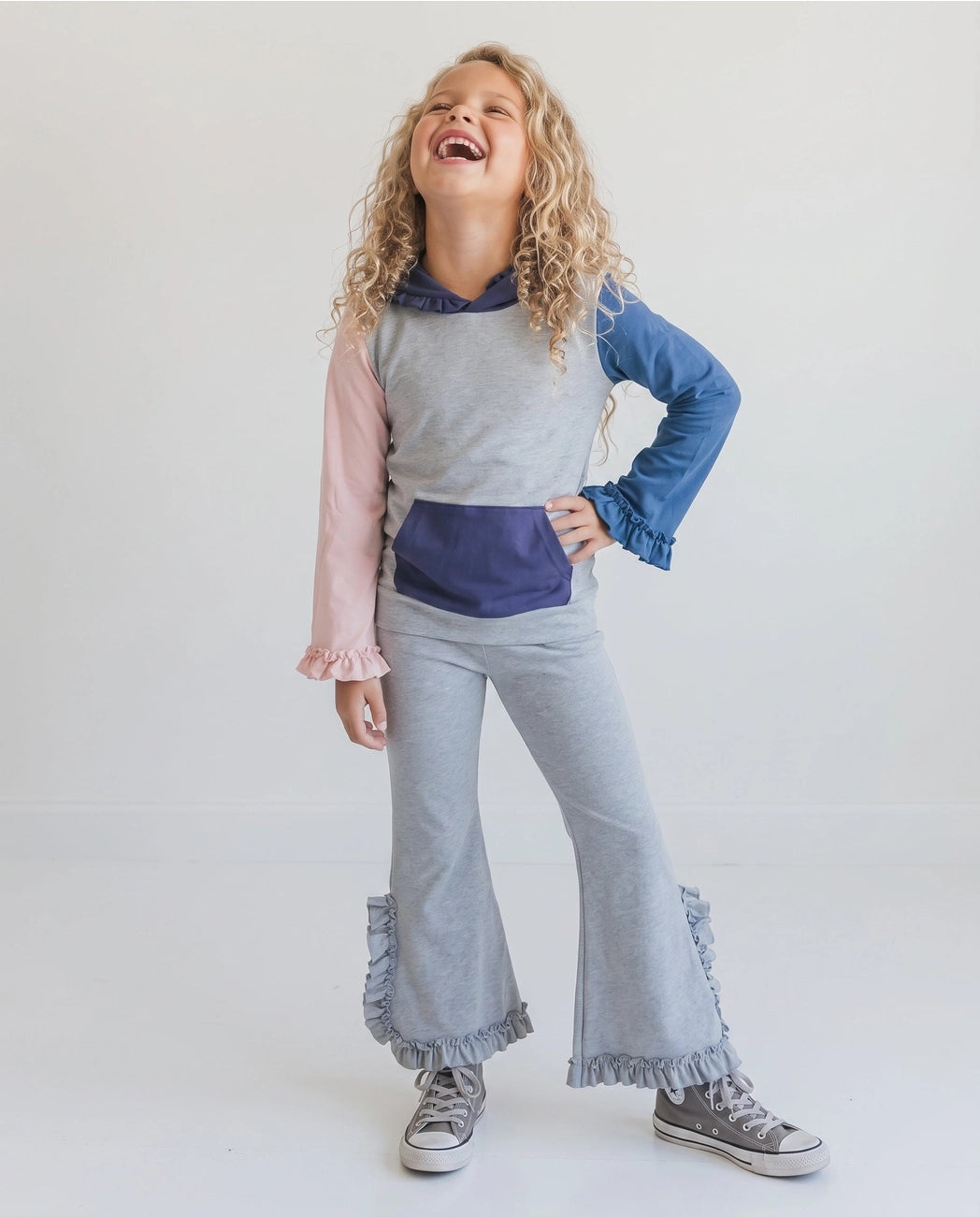 Rosy Gray Hooded Ruffle Pocket Lounge Set