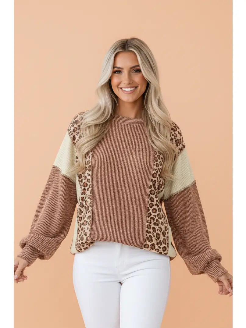 Leopard Reverse Seam Corded Knit Top
