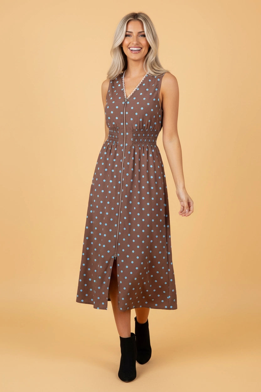 Brown Zip Up V-Neck Dress