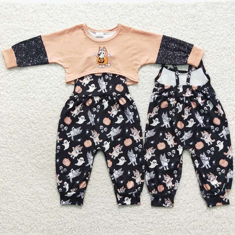 Blue Halloween Dogs Jumpsuit & Honey Top Set