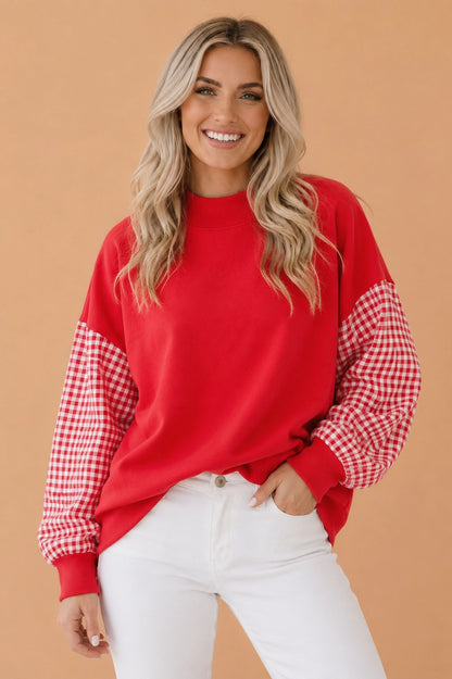 Gingham Sleeve Mock Neck