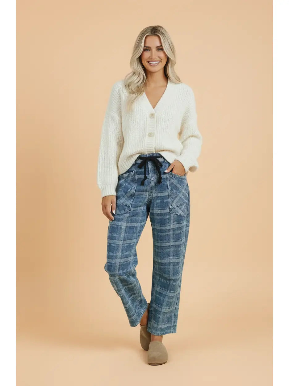 Plaid Denim Grommet Waist Jeans